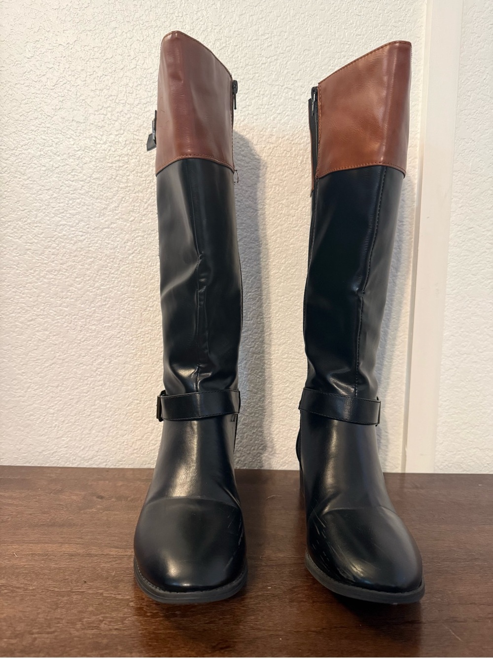 Two-Tone Over-the-Knee Riding Boots in Black and Brown